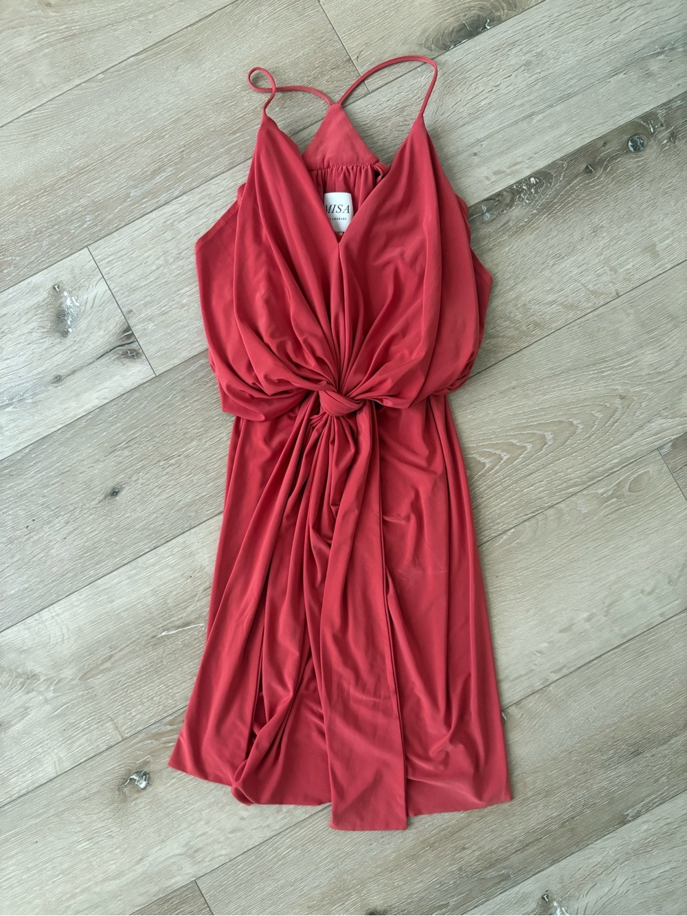 Misa Los Angeles Domino Coral Red Knot-Front Mini Dress